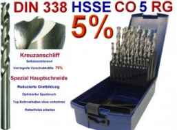 Satz HSS-Co5 Cobalt Gehalt 5% mit Gleitbeschichtung 19-teilig nach DIN338 mit DIN1412C Kreuzausspitzung in Kunststoffbox WSH-Tools Spiralbohrer 