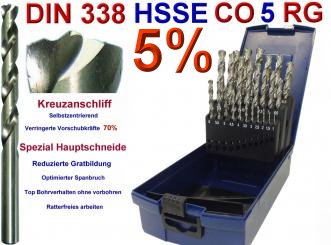 HSS-Co5-RG  Spiral- Edelstahlbohrer Set 25 tlg DIN 338 in Kassette  