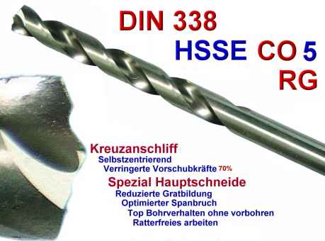 HSS-Co5-RG (reduzierte Gratbildung) Spiralbohrer Edelstahlbohrer DIN 338, Typ N, rechts 