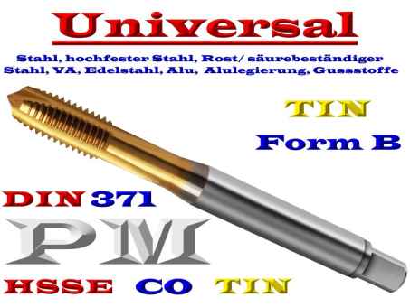 HSS-Co-PM TIN  Universal M Maschinen Gewindebohrer DIN 371, Form B  